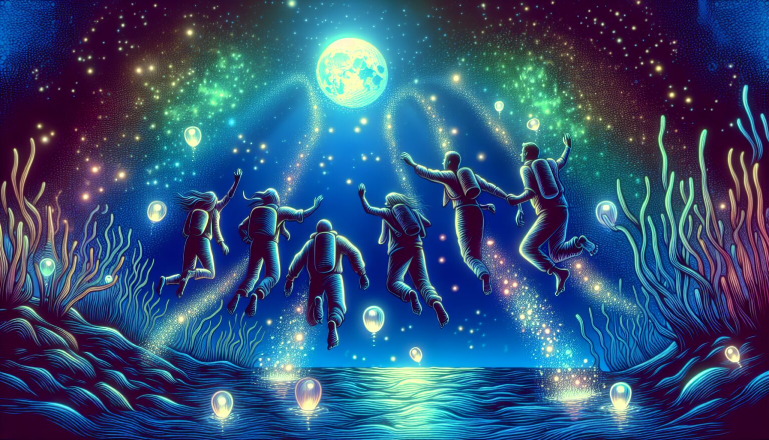 Dreaming of Diving with Friends in a Magical Night Sea