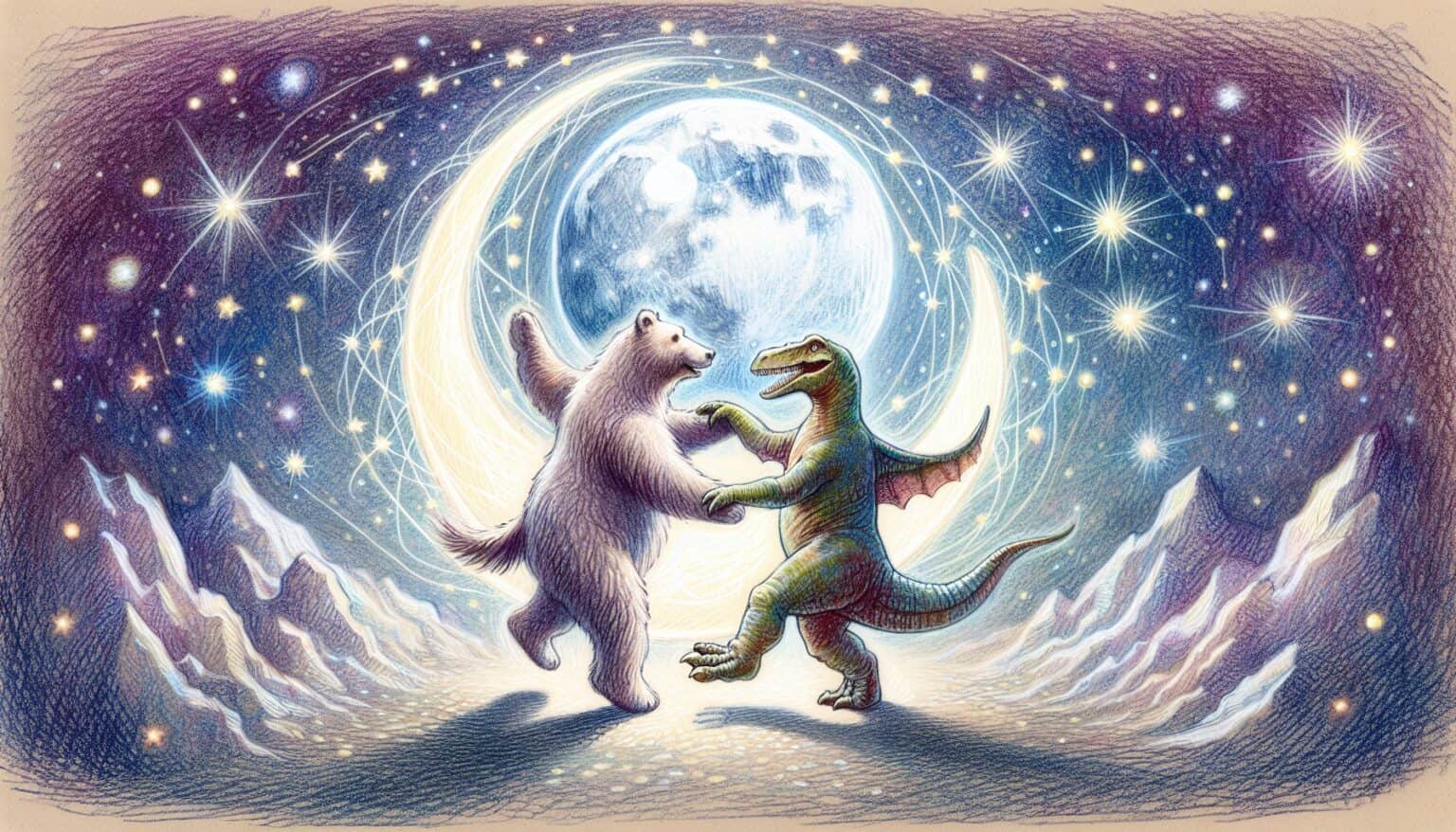 Moon Dances with Big Teddy and Dinosaur